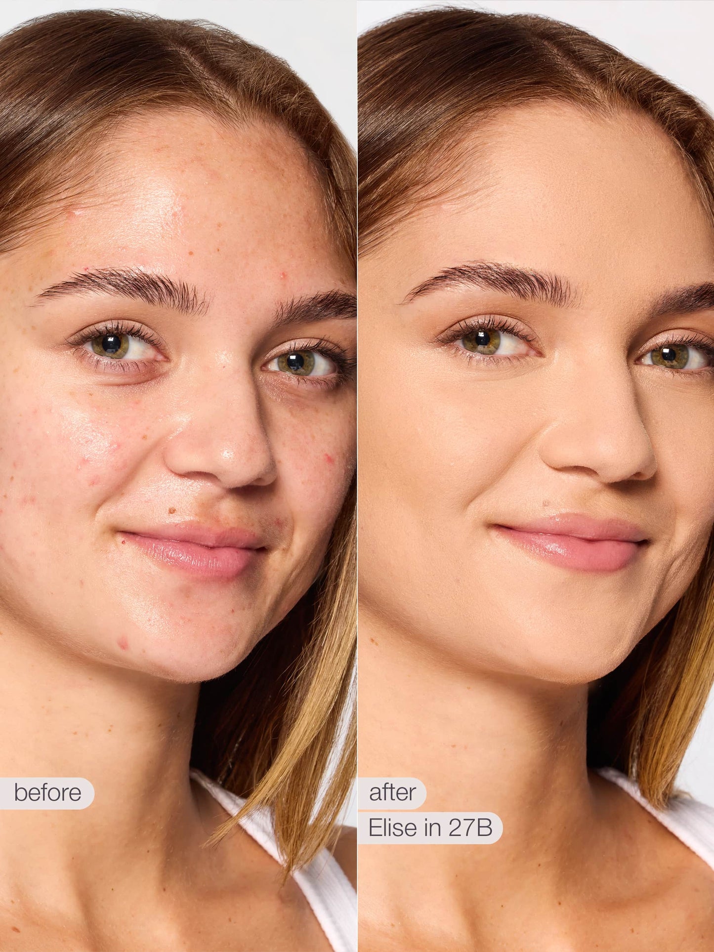 Before and after comparison of a woman's face with text indicating 'before' and 'after' with a color code.
