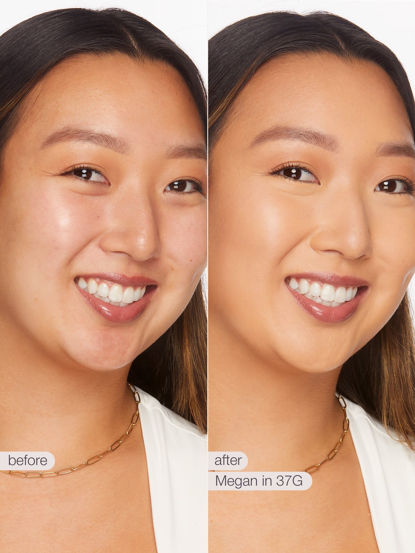 Before and after comparison of a woman's face with text indicating 'before' and 'after' and product name.