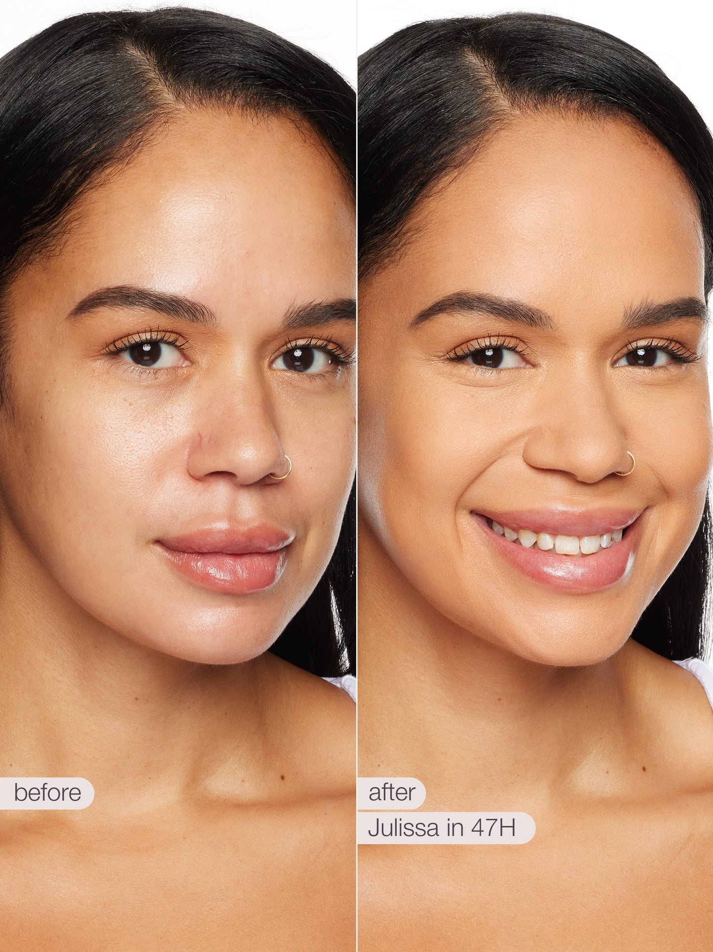 Before and after comparison of a woman's face with text indicating product application time.
