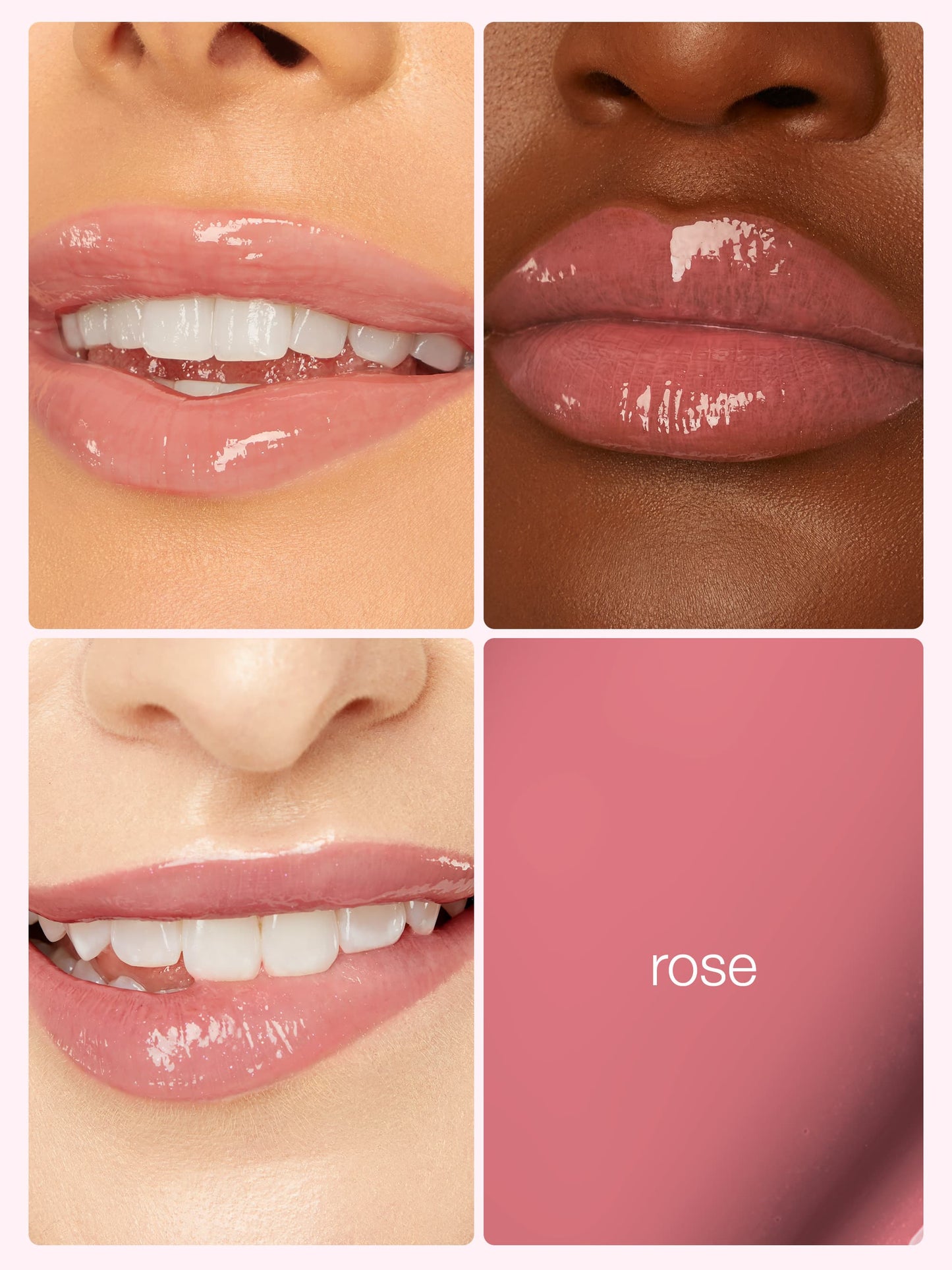 Lips with glossy, pink lipstick are highlighted in three close-up images. The fourth square shows a solid pink color labeled rose, suggesting the lipstick shade.
