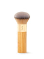 Makeup brush with wooden handle and brown bristle head on a white background