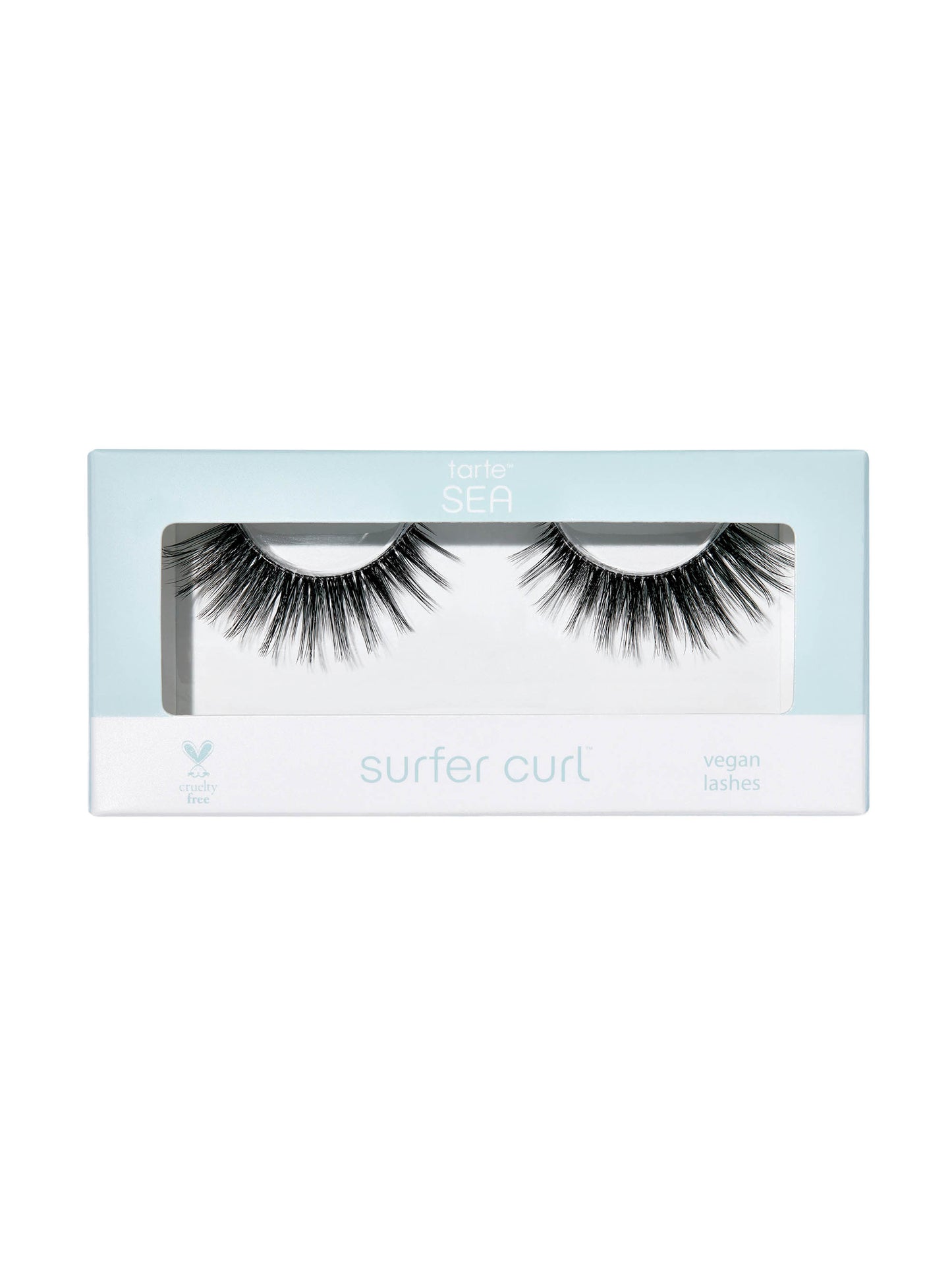 Eyelash packaging with 'surfer curl' text on a white background