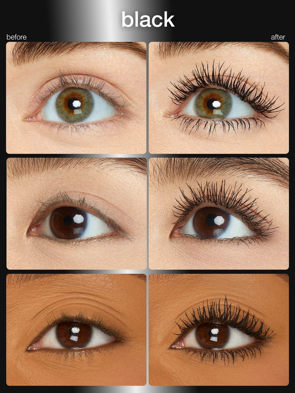 Before and after comparison of false eyelashes applied to eyes with different skin tones.