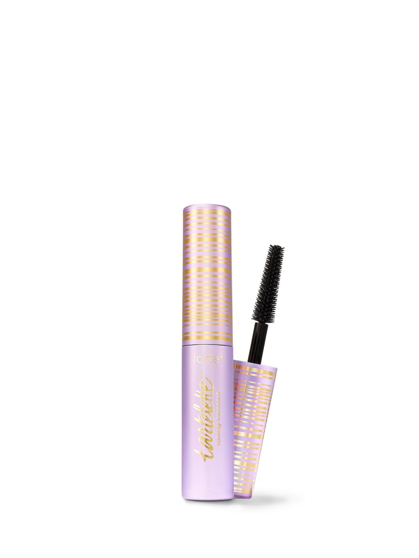 Mascara with a purple and gold striped design on a white background