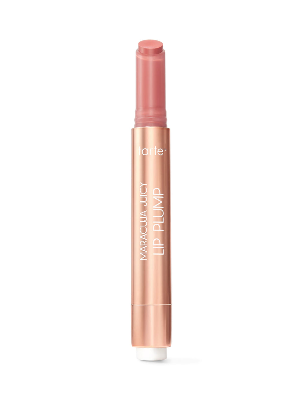 A slim rose-gold Tarte lip balm stick stands vertically, cap removed to reveal a rosy balm tip against a plain white background. Text: tarte MARACUJA JUICY LIP PLUMP