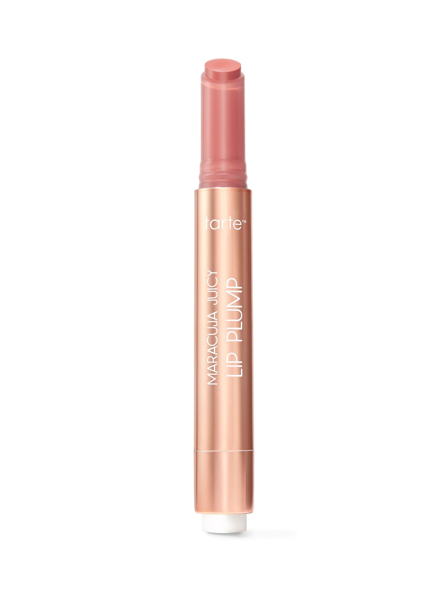 A slim rose-gold Tarte lip balm stick stands vertically, cap removed to reveal a rosy balm tip against a plain white background. Text: tarte MARACUJA JUICY LIP PLUMP