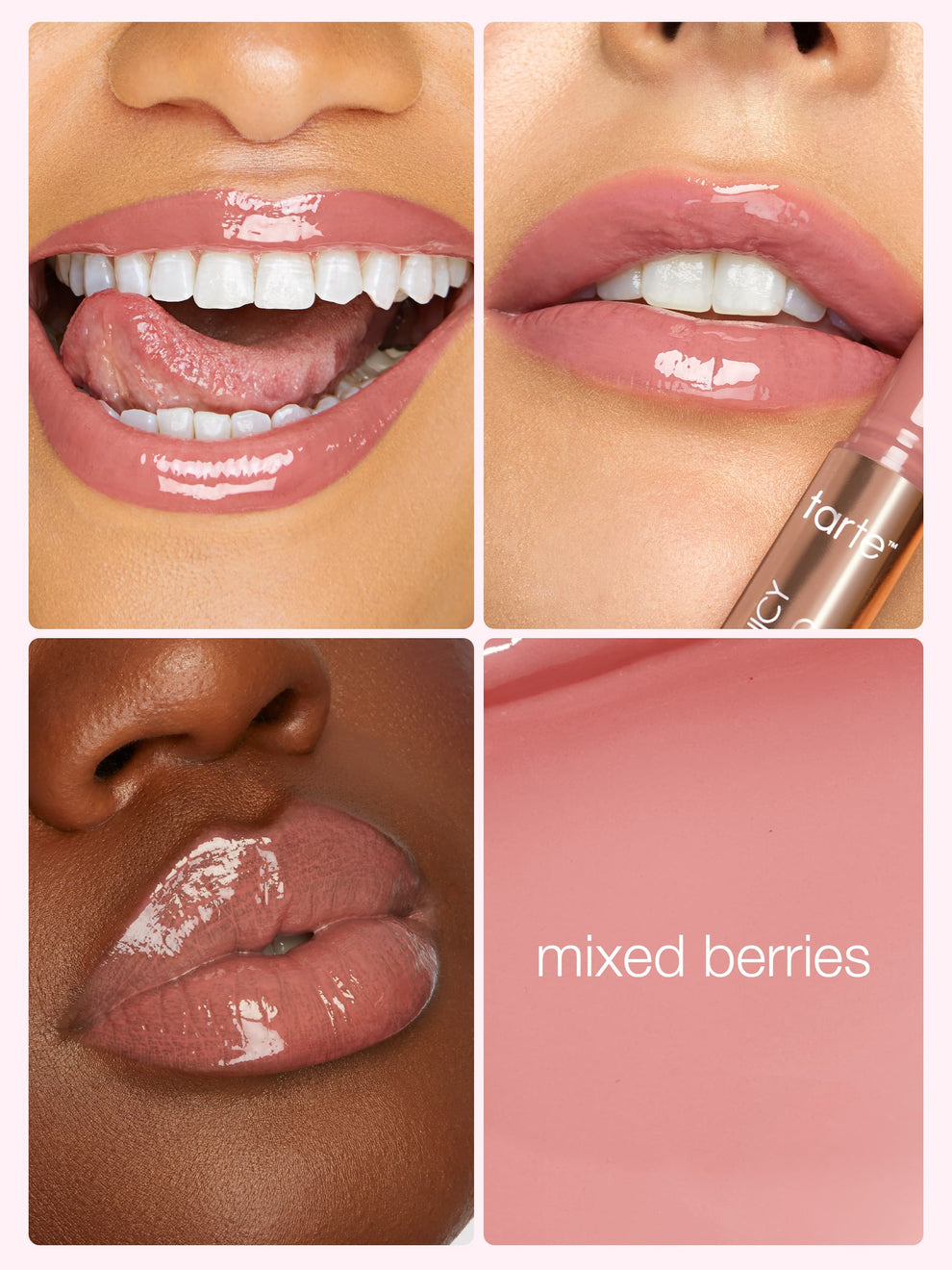 Lips in three poses display glossy, nude lipstick being applied in a close-up, diverse setting. Text in the image reads, mixed berries against a soft pink background.