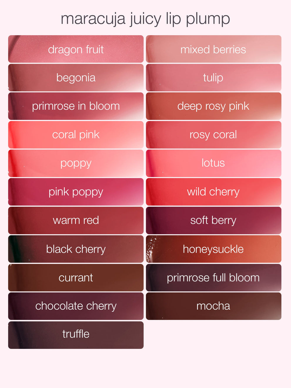 A grid of diverse lip shades from Tarte Cosmetics' maracuja juicy lip plump collection displayed in swatches, featuring shades like peachy beige, deep rosy pink, and popsicle pink against a light background.