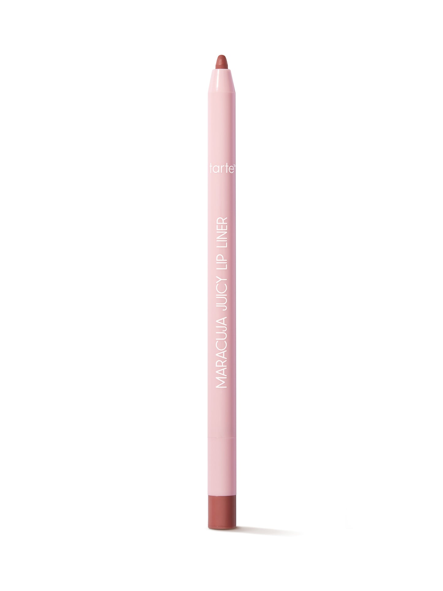 Lip liner pencil with brown tip and pink casing on a white background