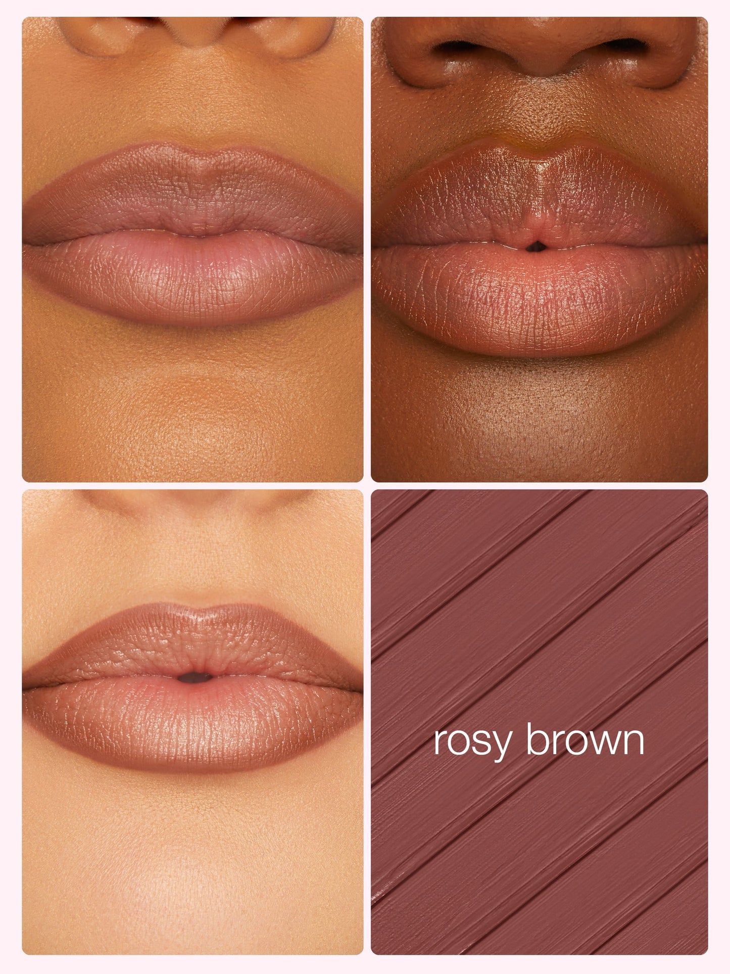 Lipstick swatch on skin with 'rosy brown' color name