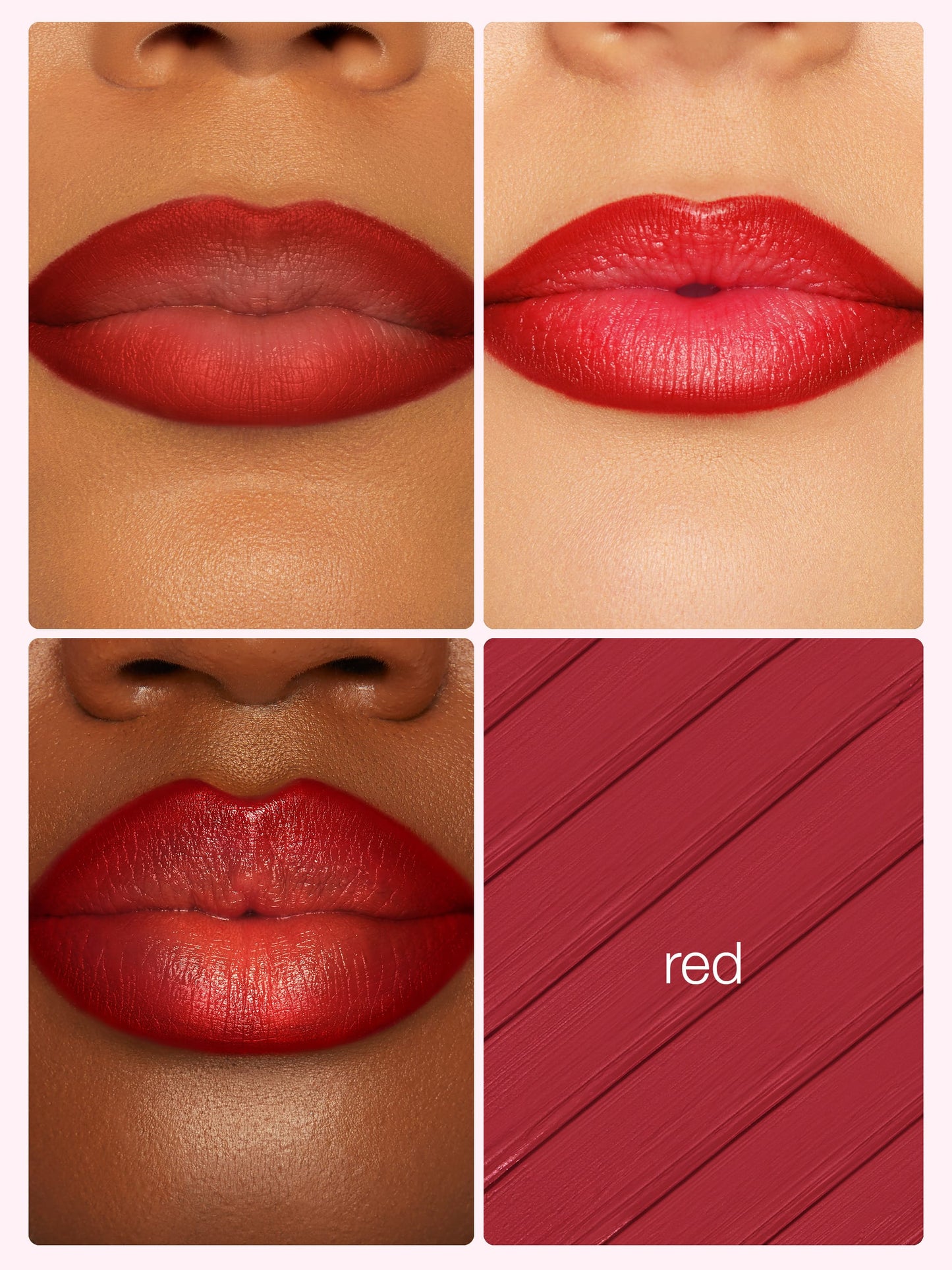 Collage of a red lipstick on lips with close-up swatches and color name 'red' displayed.