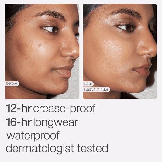 Two side-by-side images show a woman's face before and after makeup application. The text reads: 12-hr crease-proof, 16-hr longwear, waterproof, dermatologist tested.